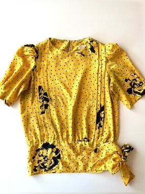 Vintage 80s Yellow Polka Dot Floral Tie-Waist Blouse XL Shimmer Puff Sleeves